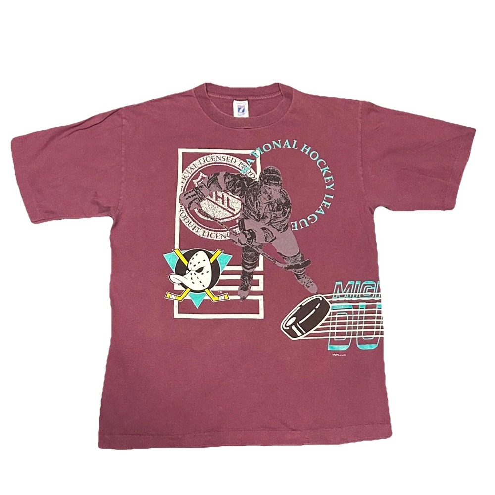 Vintage 1993 Mighty Ducks NHL T-Shirt Logo 7 Single Stitch Maroon Mens Large